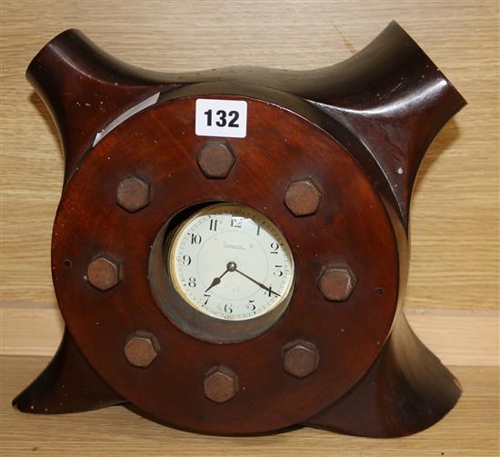 An early 20th century mahogany aeroplane propeller hub timepiece, inset with a Wilson & Gill movement height 28cm